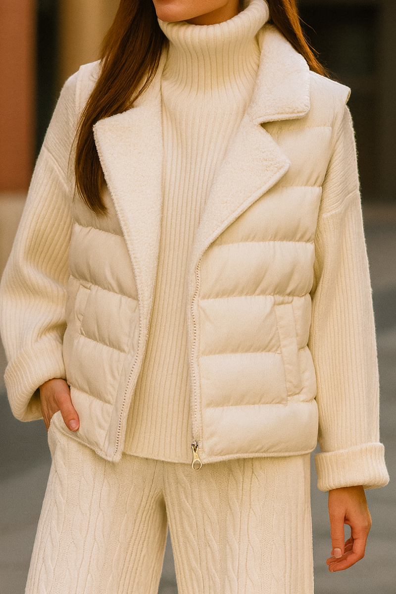 Knit co-ord set with cosy turtleneck jumper, sleeveless padded vest and full-length knit trousers