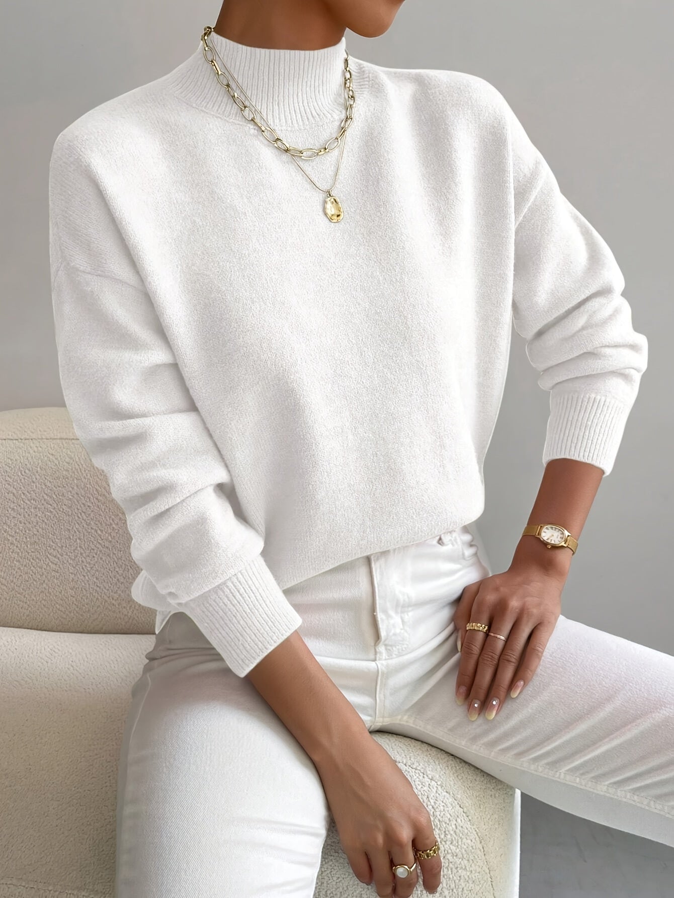 Knit jumper with high neckline and ribbed cuffs, regular fit, women, worn indoors