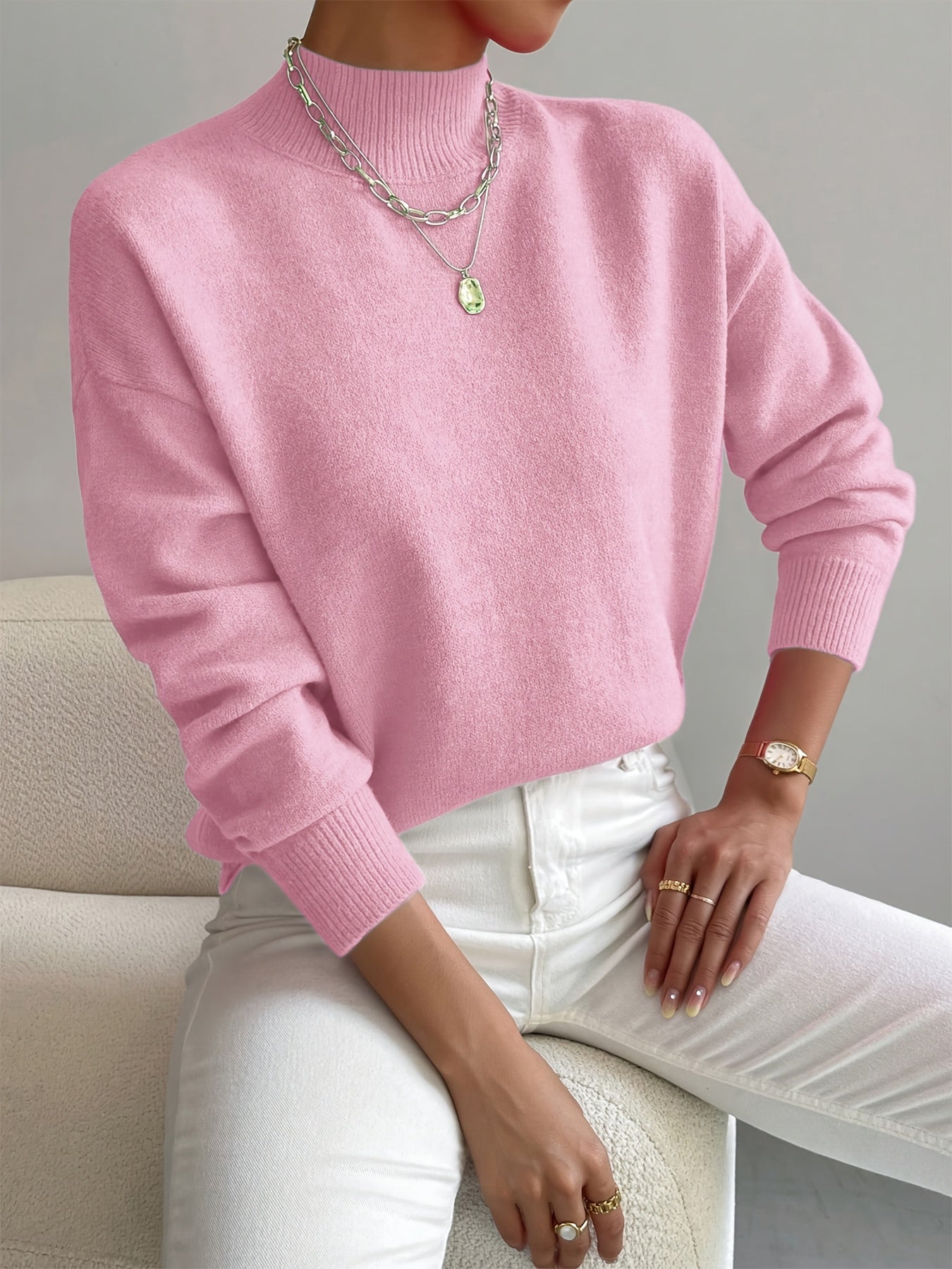 Knit jumper with long sleeves and ribbed collar, regular fit, women, seated