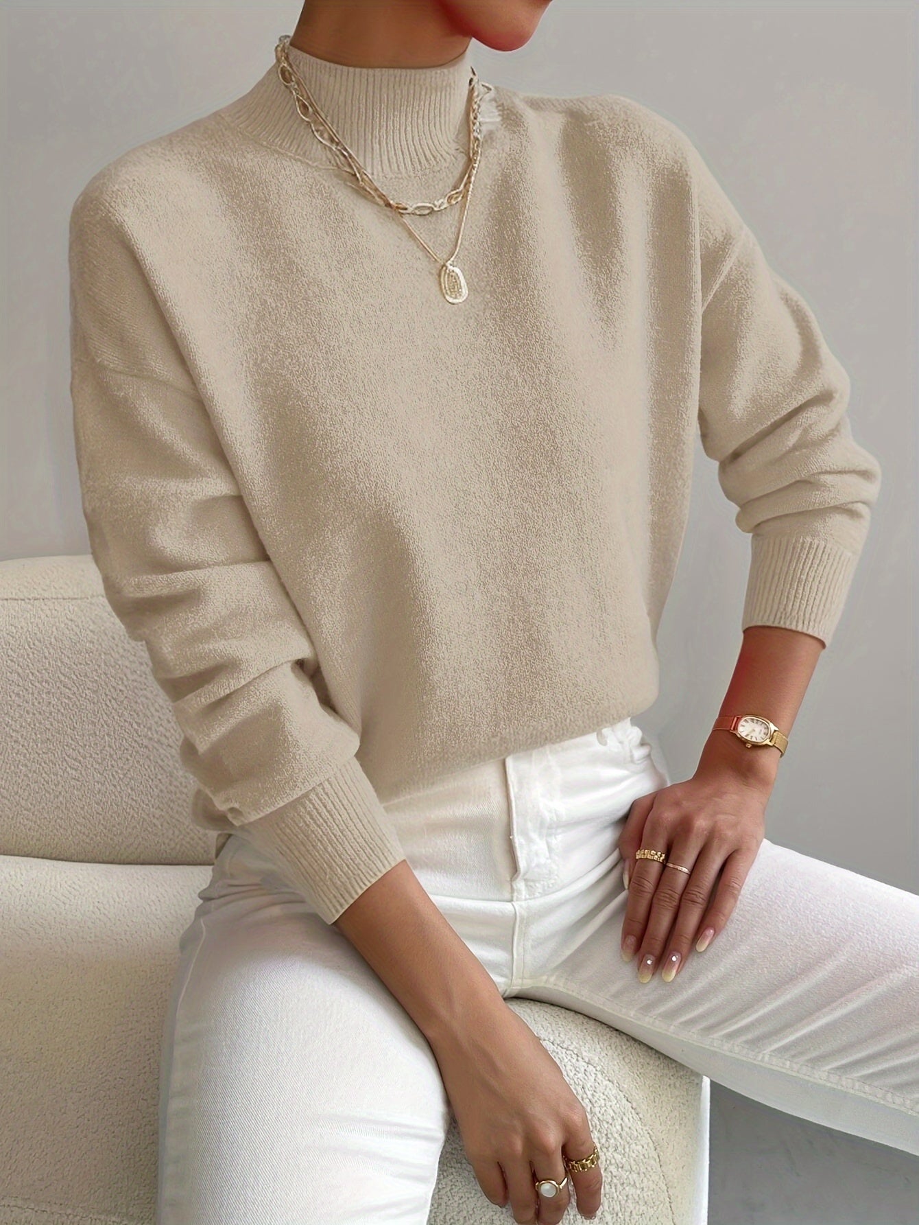 Knit jumper with mock neck and relaxed sleeves, regular fit, women, worn indoors