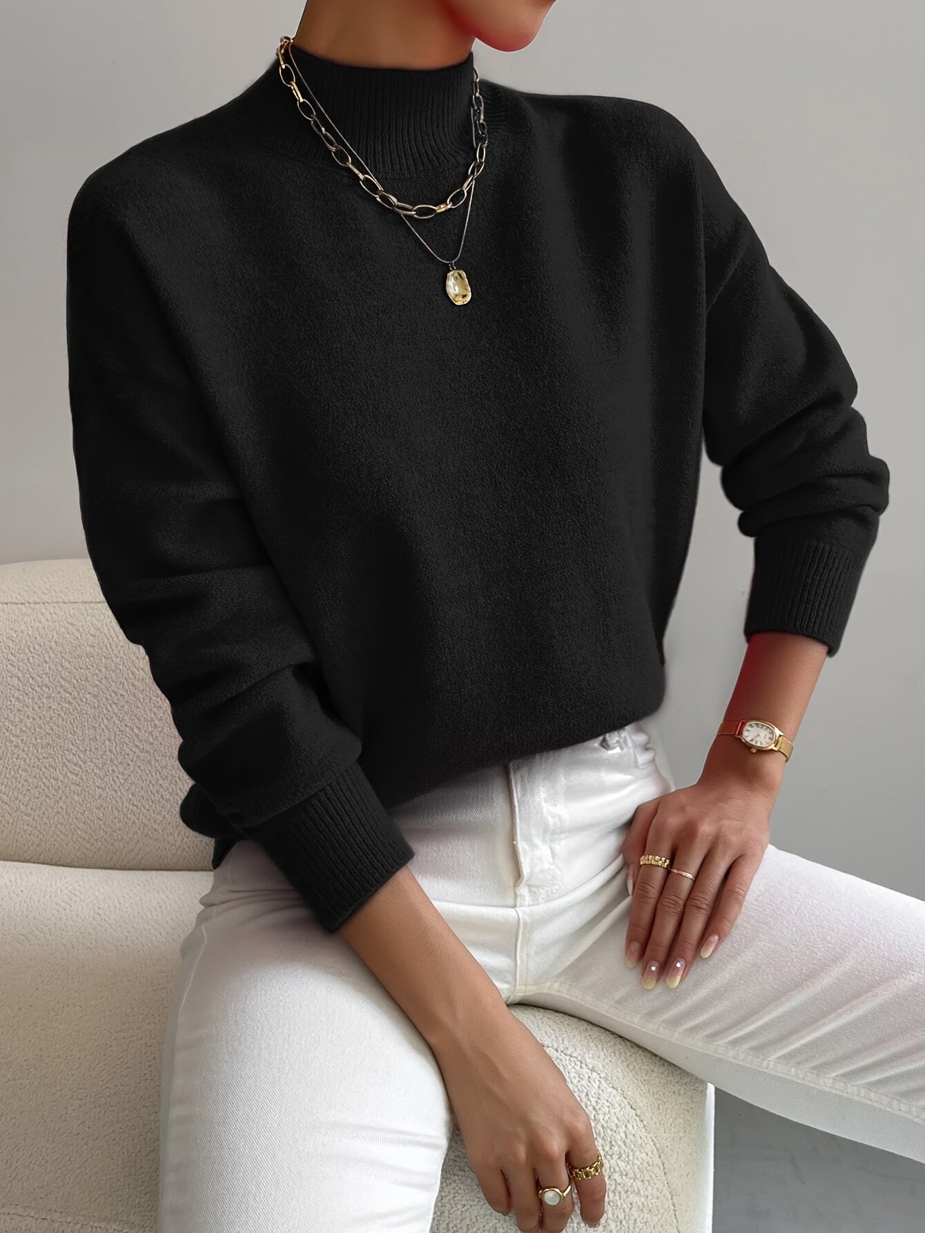 Knit jumper with ribbed neckline and cuffed sleeves, regular fit, women, front view
