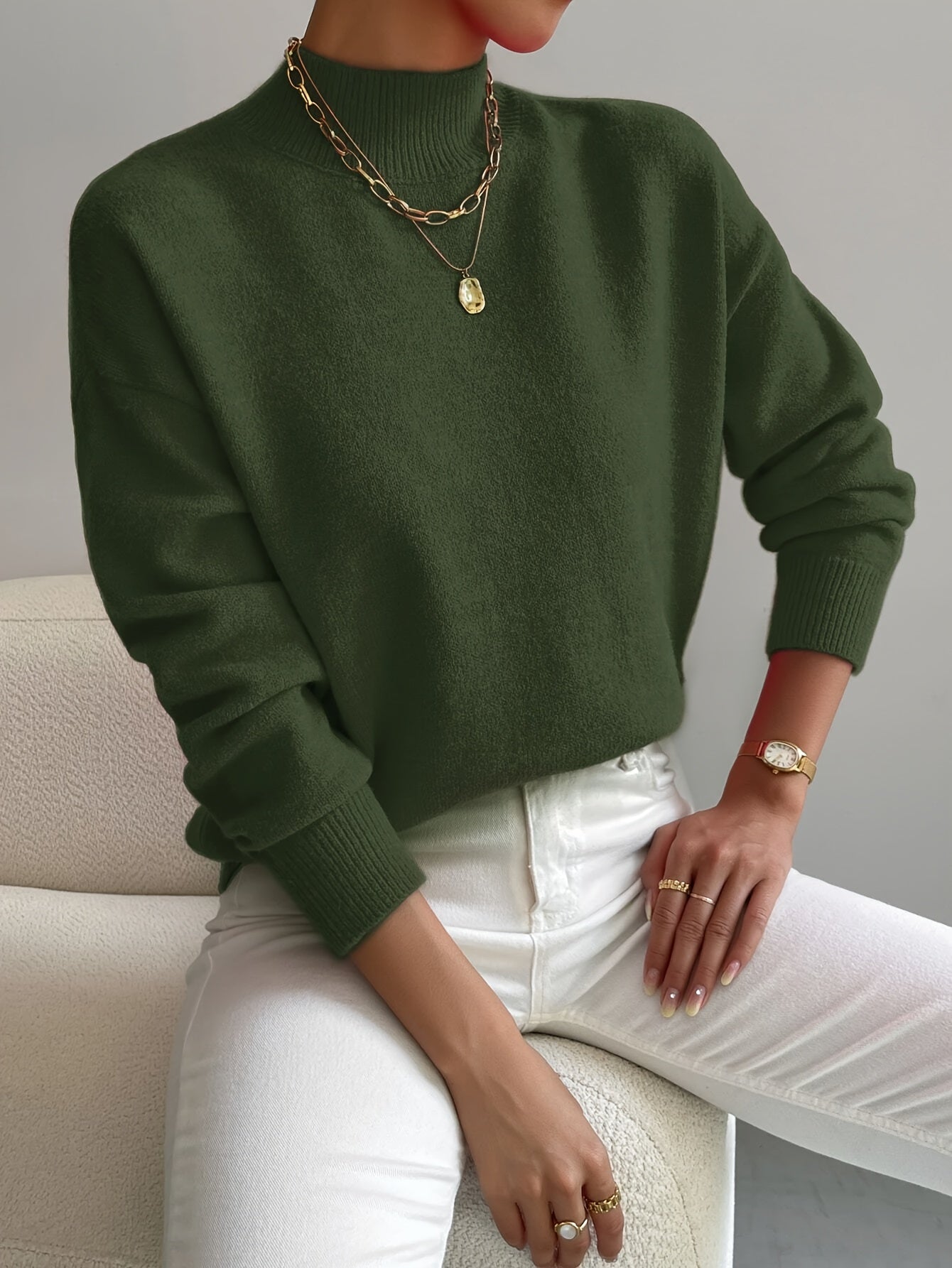 Knit jumper with high ribbed collar and long sleeves, regular fit, women, worn