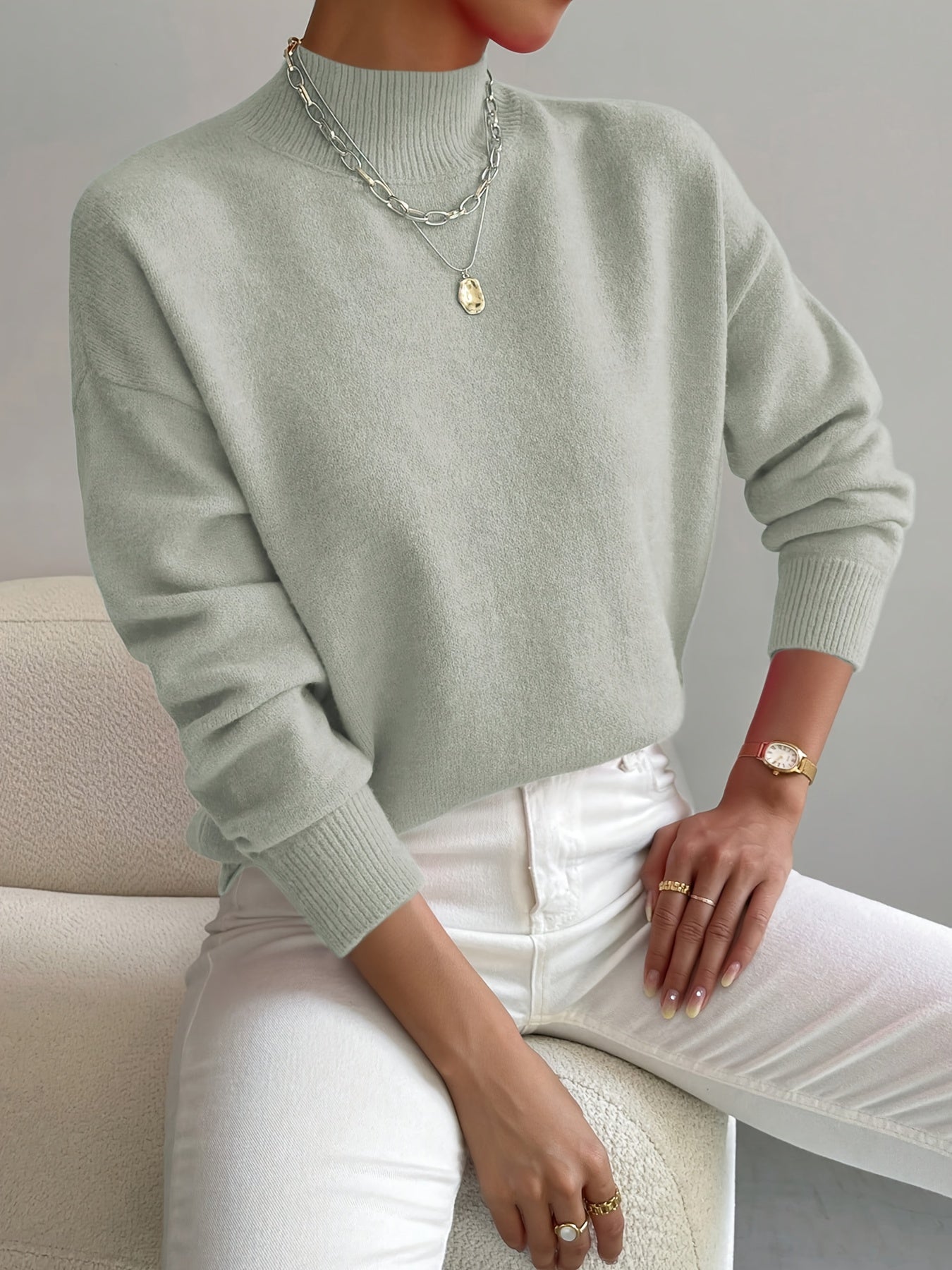 Knit jumper with structured neckline and smooth knit finish, regular fit, women, worn