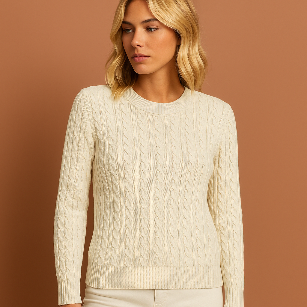 Cable knit women's sweater with ribbed hem crewneck neckline and regular fit