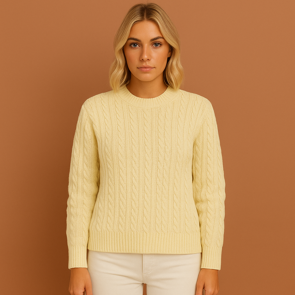 Knit crewneck sweater with cable texture ribbed cuffs and standard length for women