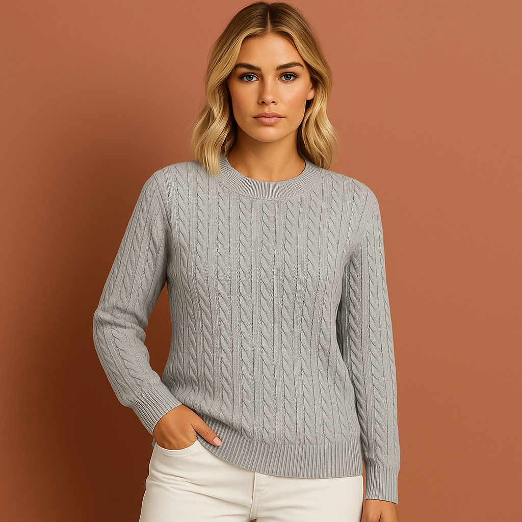 Women's regular fit cable knit sweater with ribbed trims and crewneck neckline