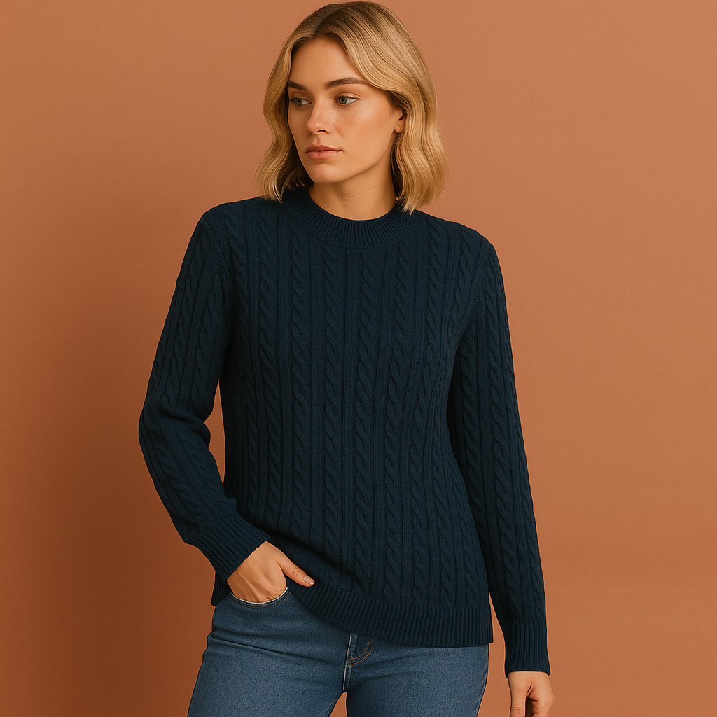 Women's cable knit sweater with ribbed neckline cuffs and hem in regular fit