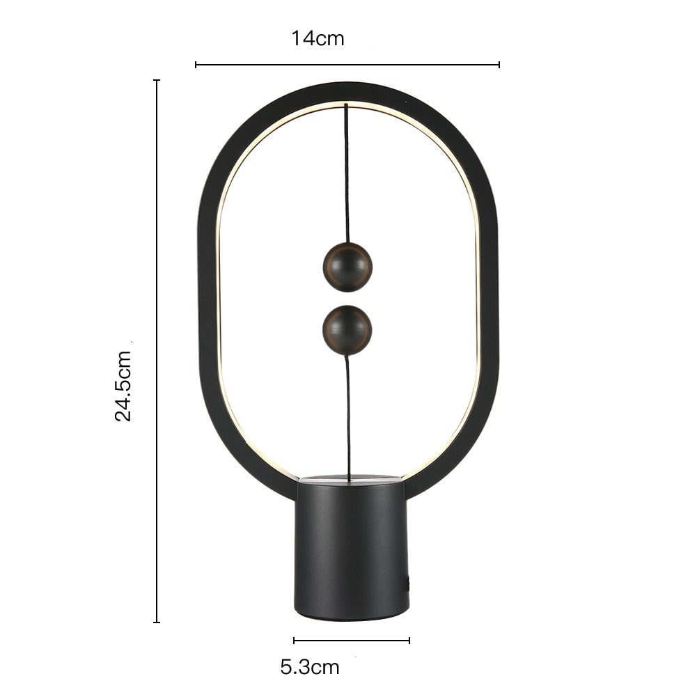 Product size diagram of oval LED table lamp with measurements displayed.