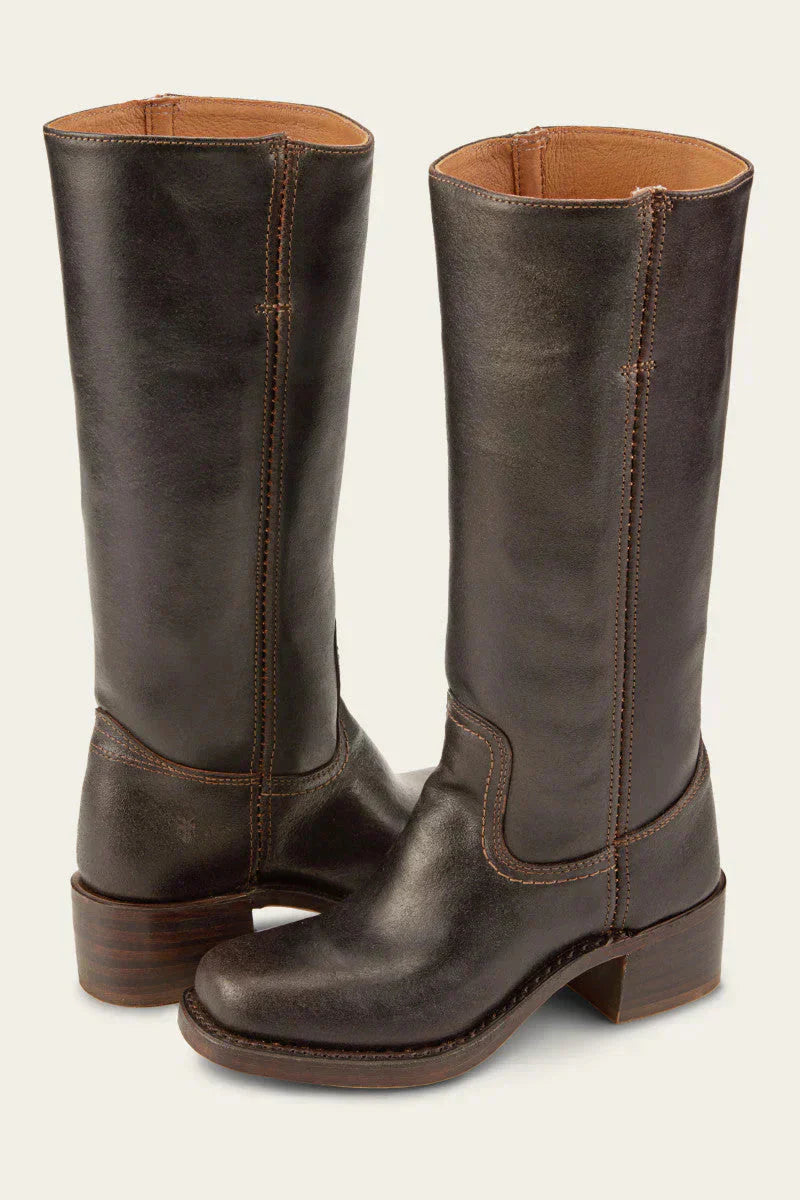 Leather mid-calf boots with straight shaft and stacked heel, slip-on, women