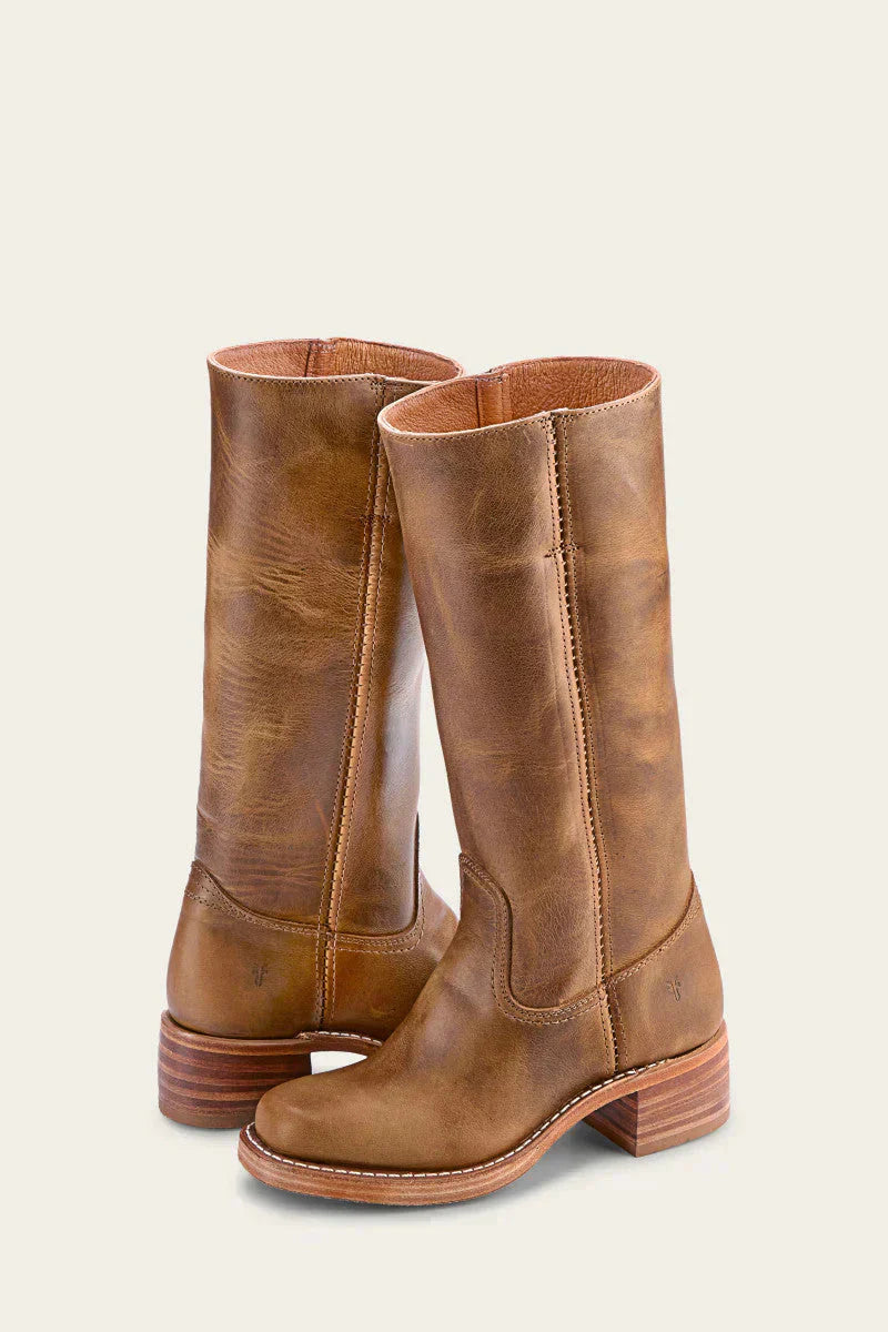 Leather mid-calf boots with stitched panel seams and rounded toe, slip-on, women