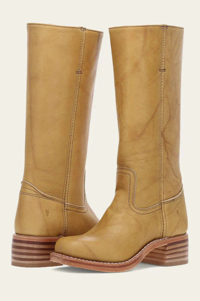 Leather mid-calf boots with structured shaft and pull-on design, women