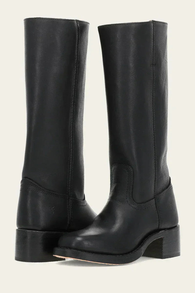 Leather mid-calf boots with reinforced heel and visible stitching, women, pair