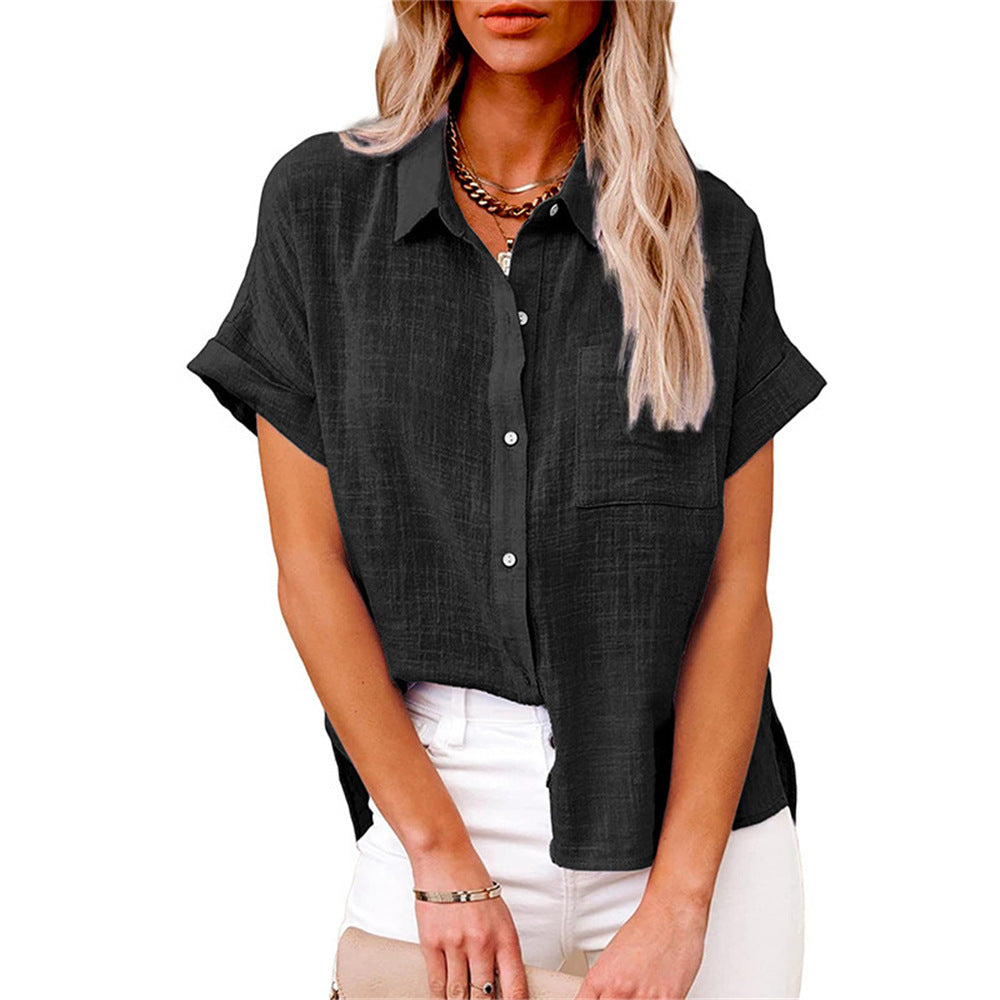 Woven blouse with classic collar front button closure and chest pocket for women