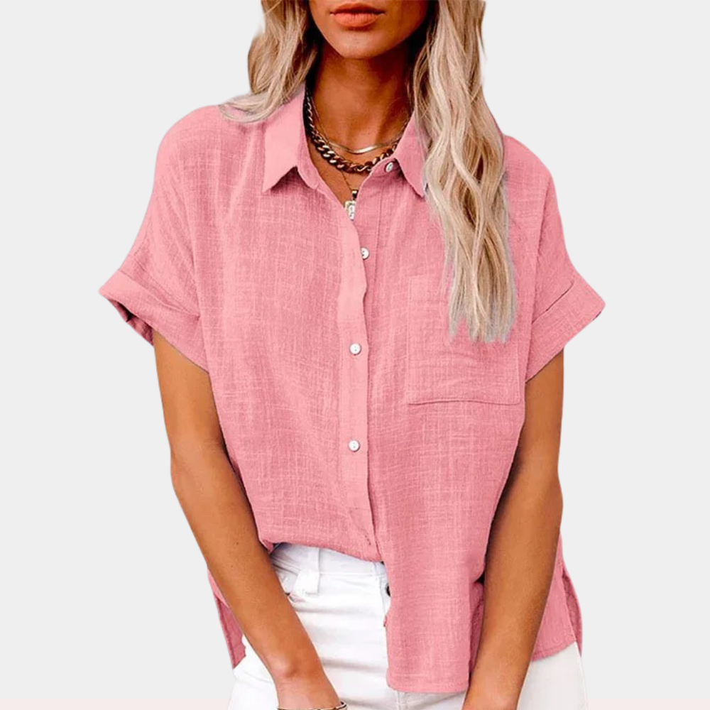 Relaxed fit woven shirt with short sleeves rolled cuffs and straight hem for women