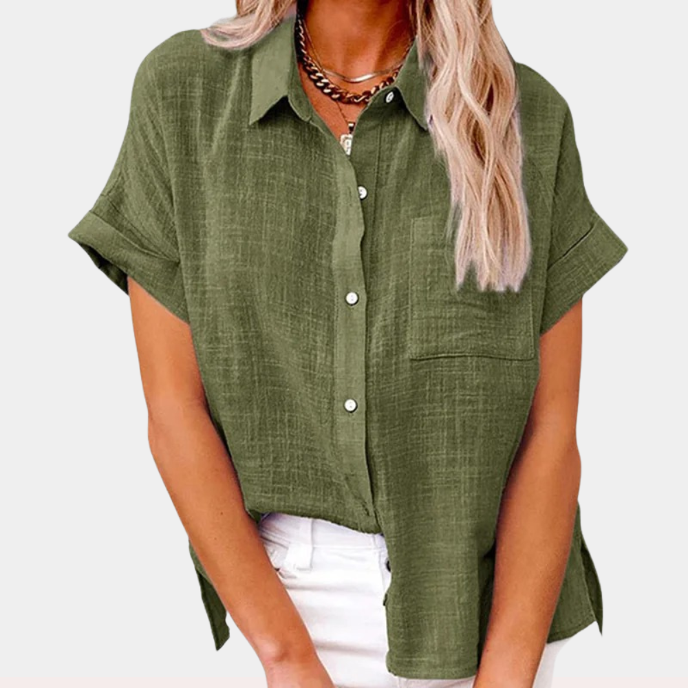 Cotton-linen blouse with button front and single chest pocket in relaxed silhouette