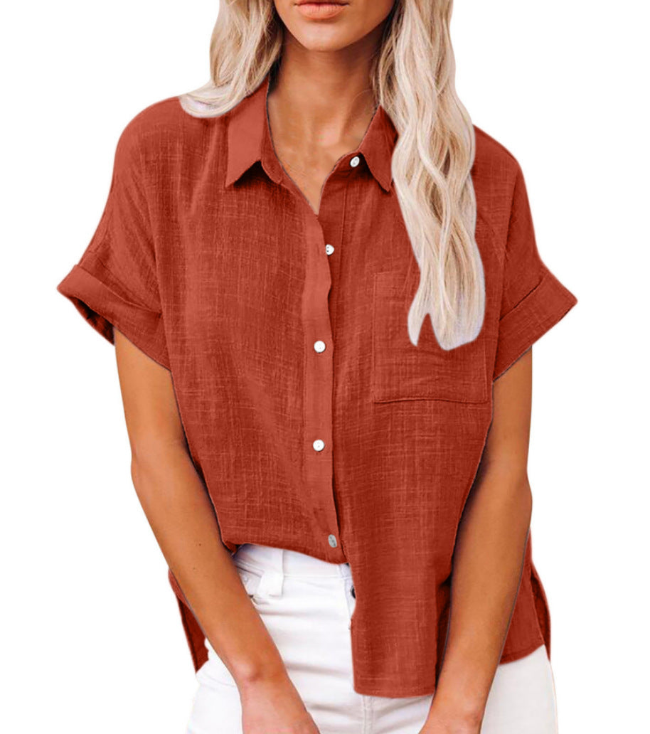 Short sleeve woven top with classic collar and straight hem for women