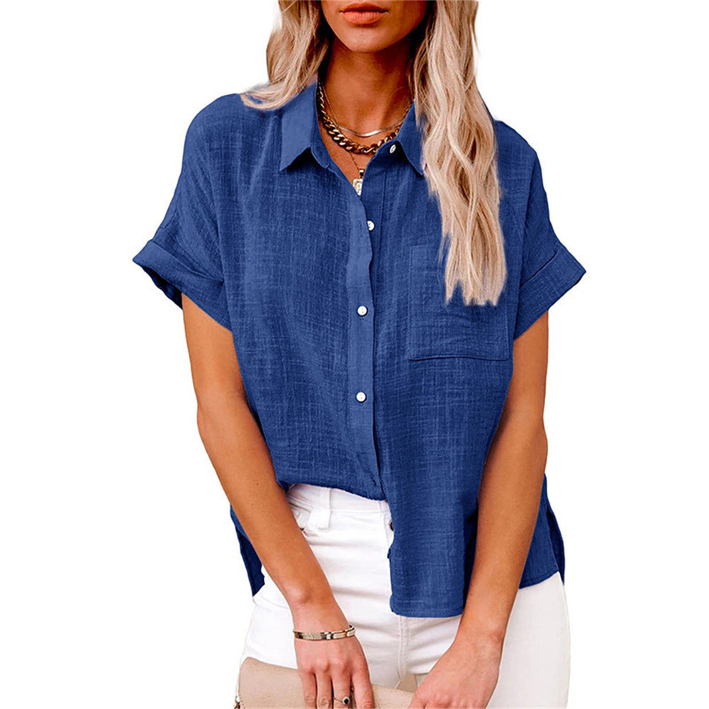 Woven women's blouse with short sleeves button closure and single chest pocket