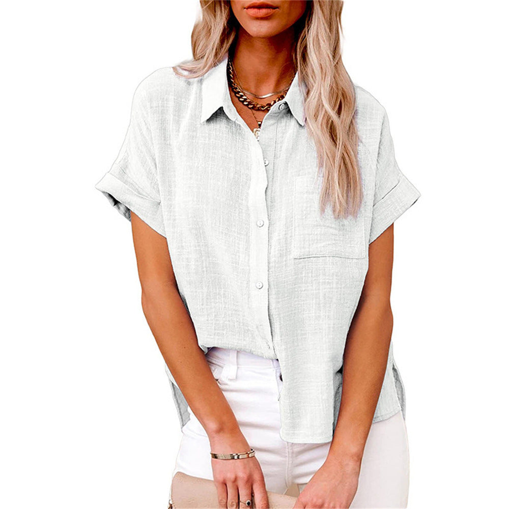 Short sleeve button-up blouse with chest pocket and straight silhouette for women