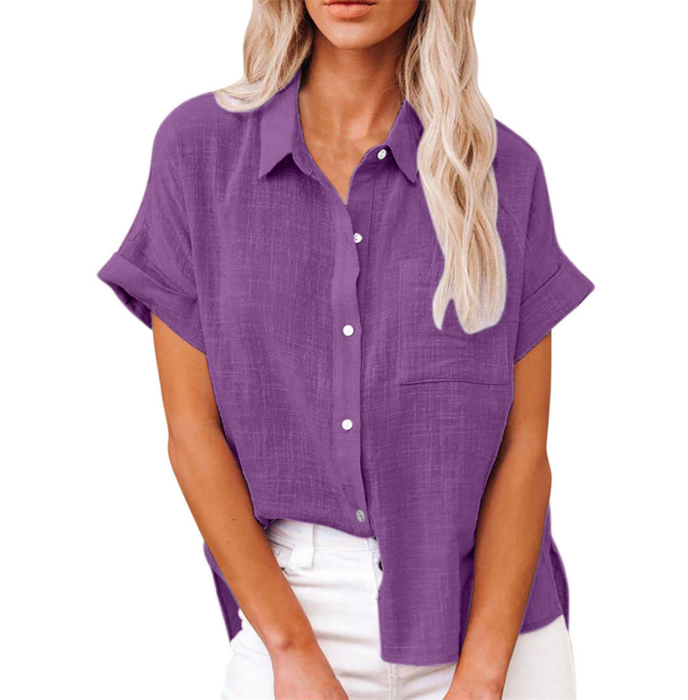 Relaxed woven blouse with button front chest pocket and straight hem for women