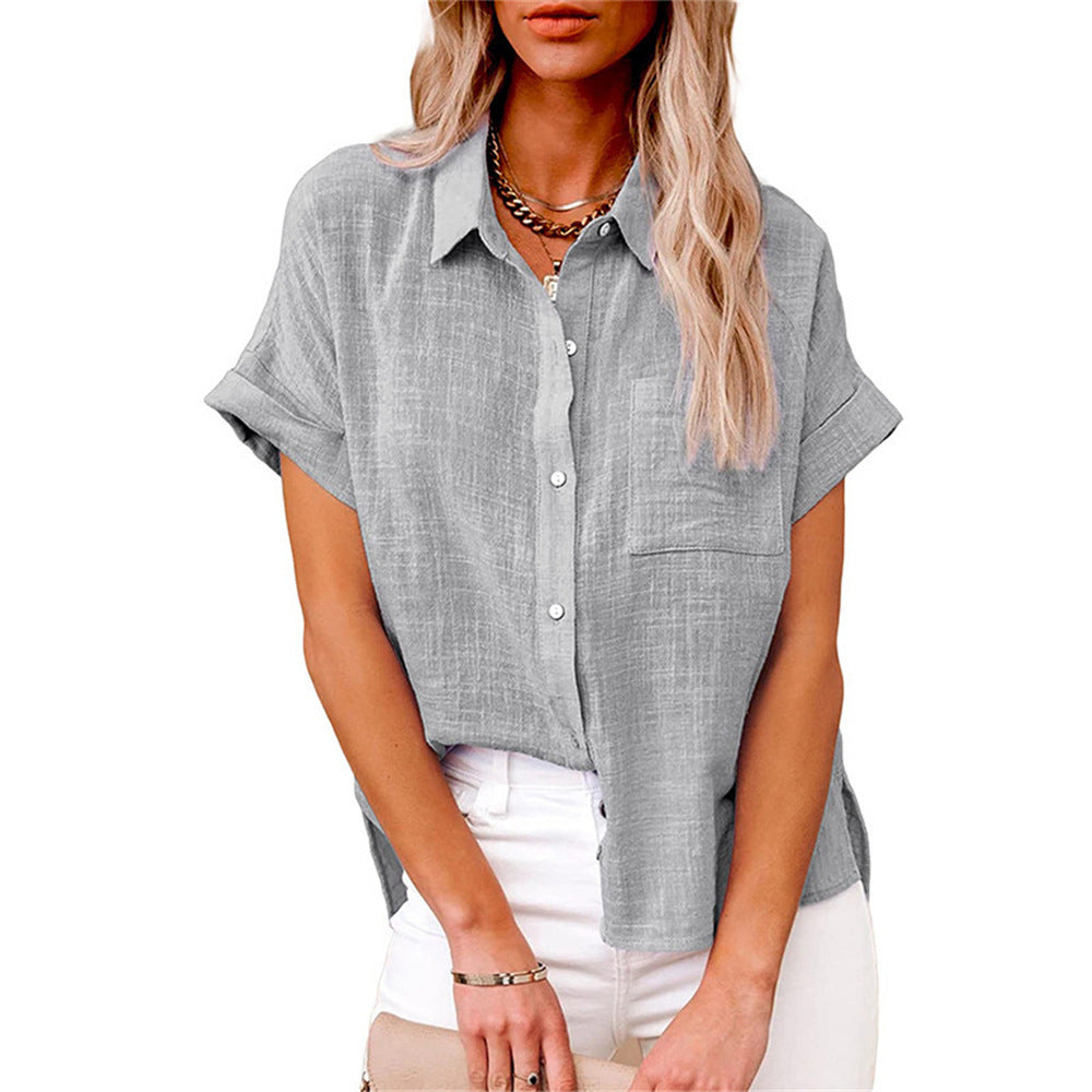 Cotton-linen shirt with short sleeves classic collar and straight cut for women
