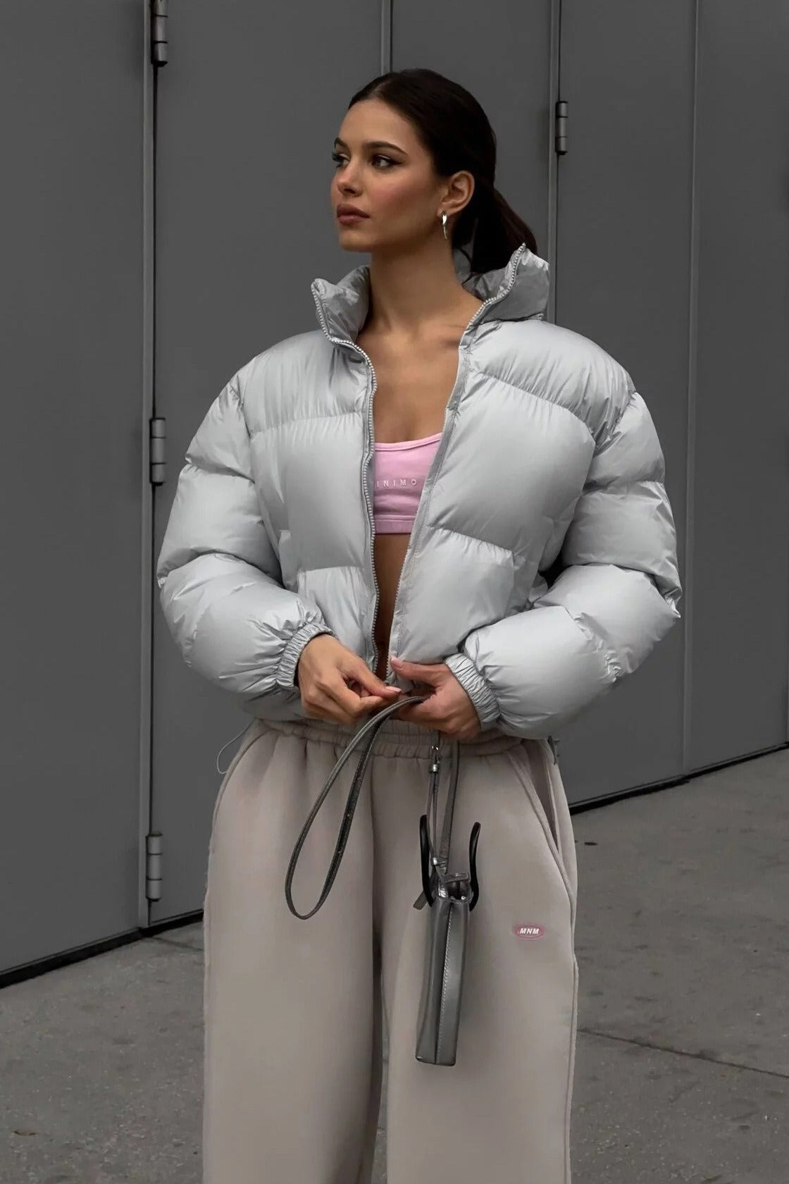 Padded puffer jacket with quilted panels and straight hem, loose fit, women, worn