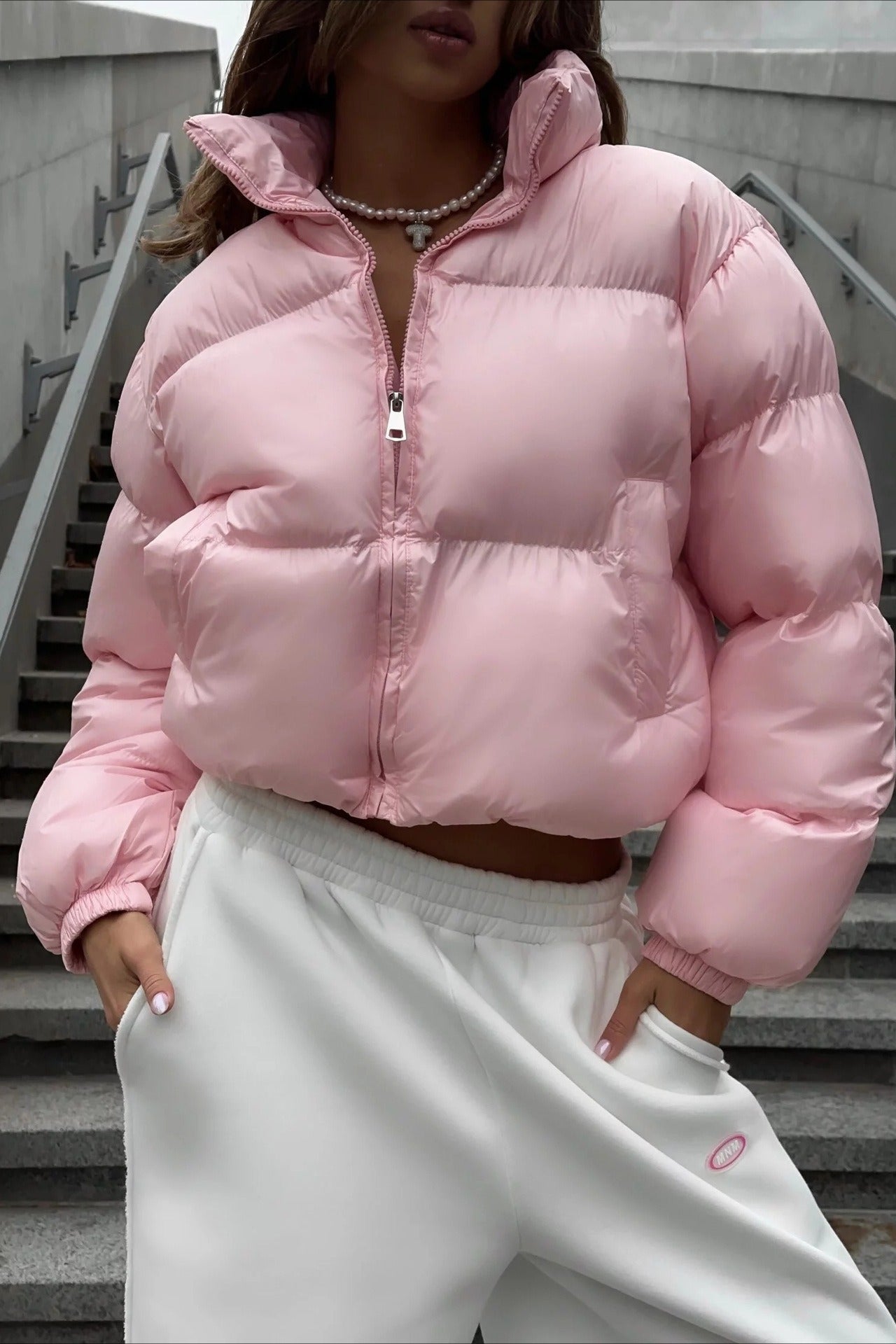 Padded puffer jacket with lightweight padding and short body length, loose fit, women, worn