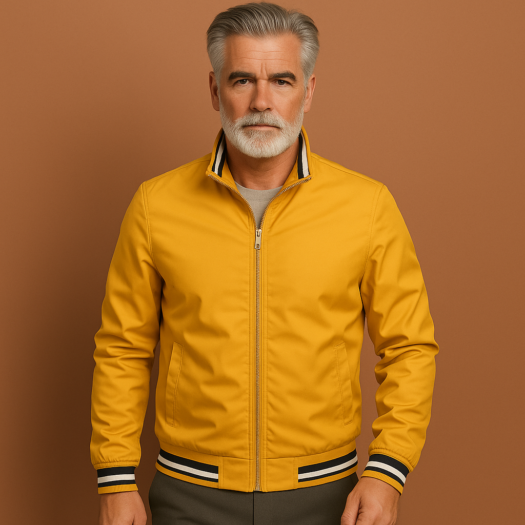 Woven bomber jacket with stand collar and front zip fastening for men
