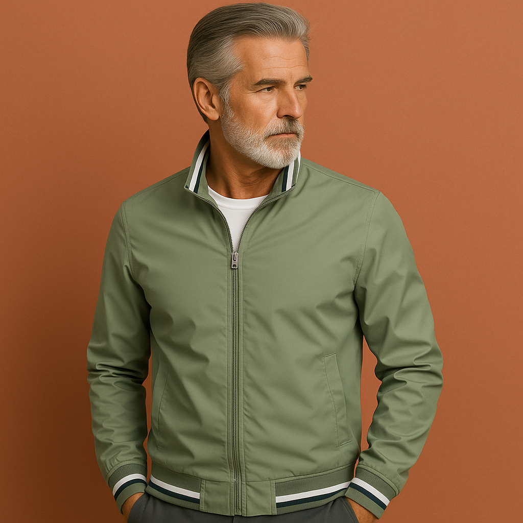 Men's zip-up outerwear with structured silhouette and ribbed hem