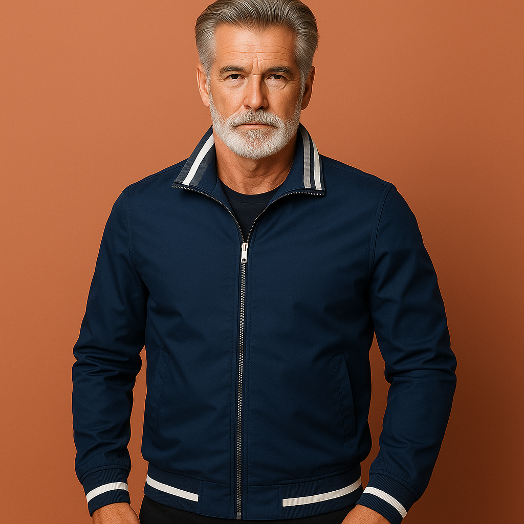 Lightweight men's outerwear with stand collar and smooth surface finish