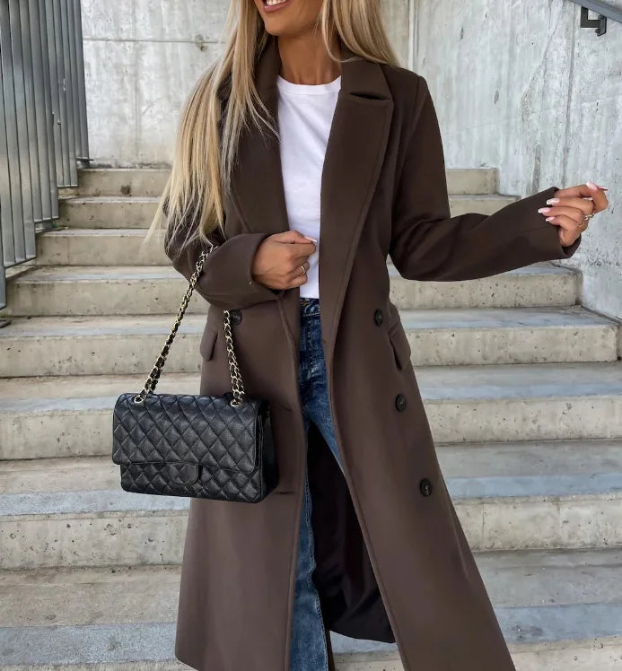 Woven fabric long tailored coat with lapel collar and button closure, regular fit, women, worn outdoors