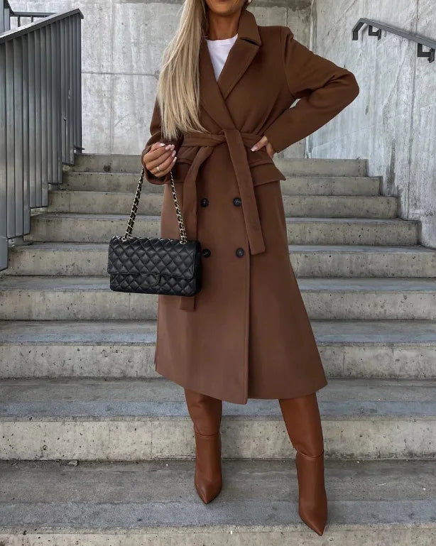Woven fabric long tailored coat with waist tie and double-breasted front, regular fit, women, worn outdoors