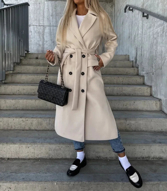 Woven fabric long tailored coat with belt and structured lapels, regular fit, women, worn outdoors