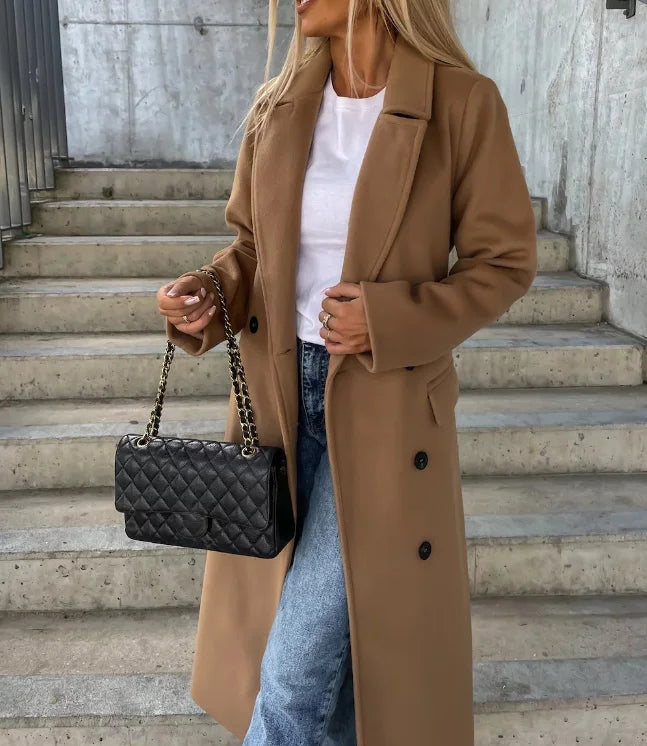 Woven fabric long tailored coat with notched lapel and straight hem, regular fit, women, worn outdoors