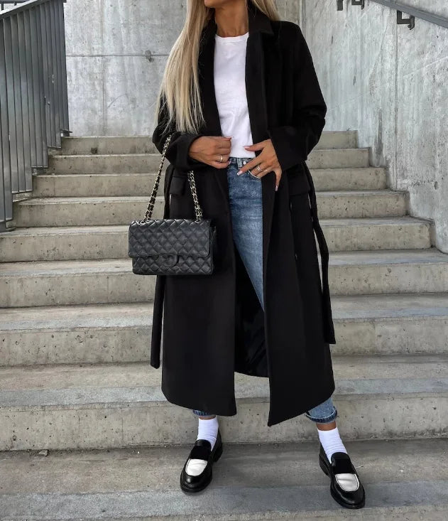Woven fabric long tailored coat with open front and long sleeves, regular fit, women, worn outdoors