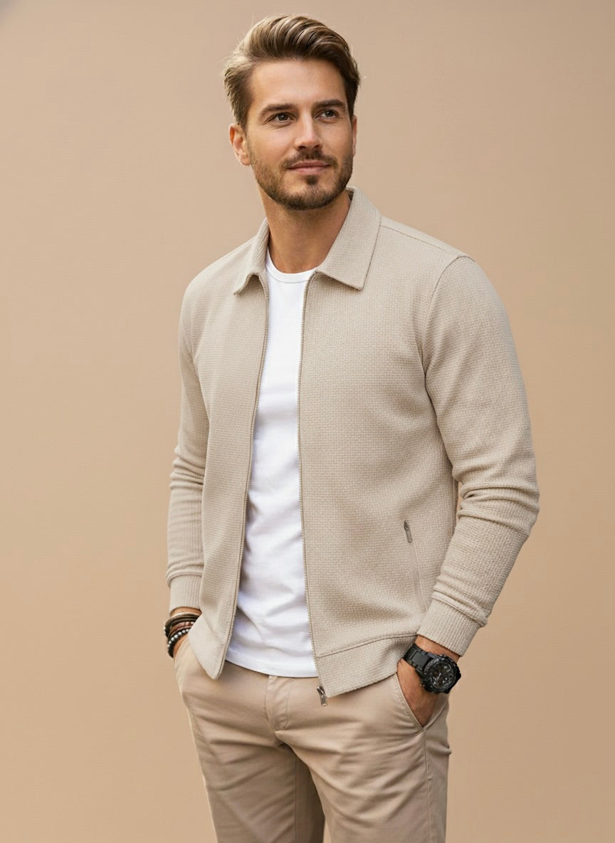 Knit zip-up cardigan with stand collar and ribbed cuffs for men