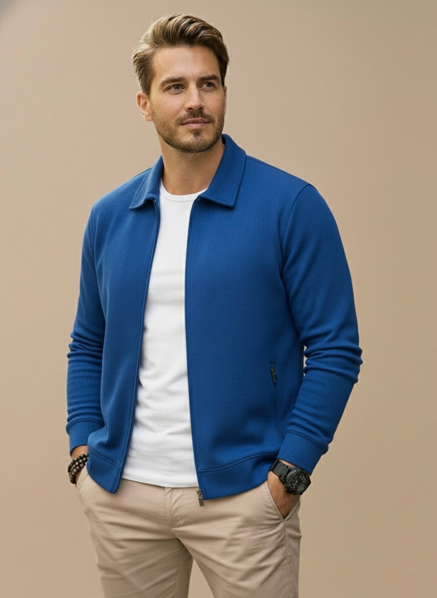 Textured knit men's cardigan with front zip and structured silhouette