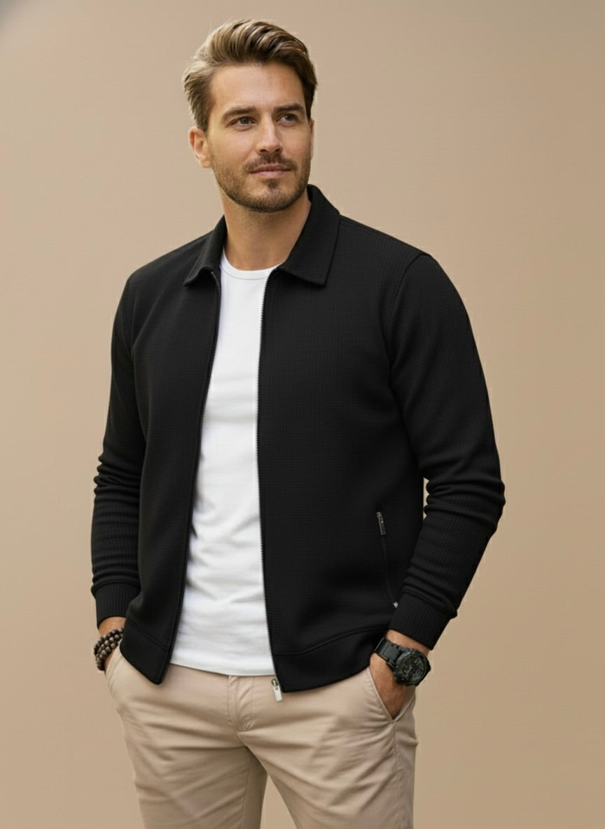 Men's structured knit cardigan with stand collar and zip fastening