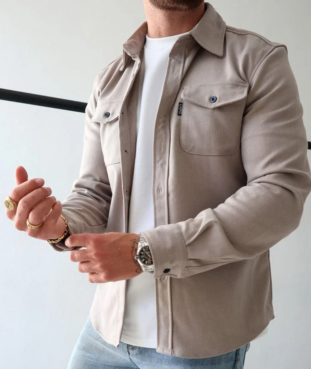 Woven overshirt jacket with button front closure and chest flap pockets for men
