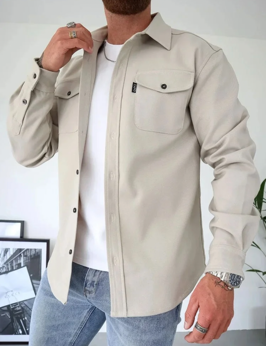 Woven shirt jacket with button fastening and flap chest pockets for men