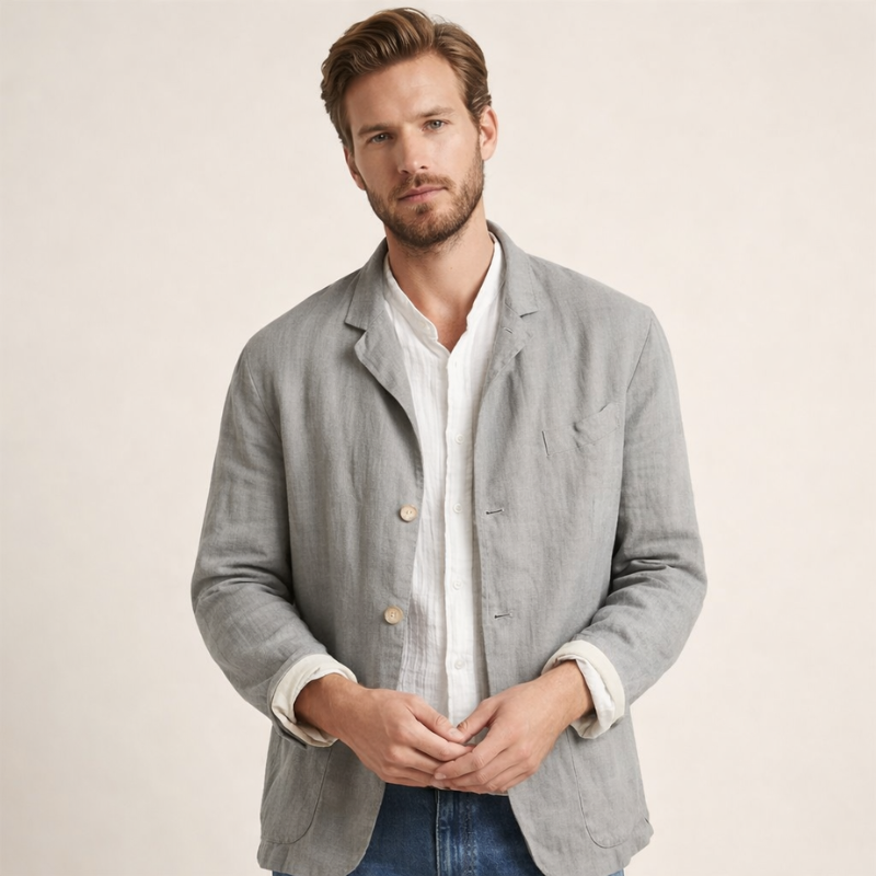 Woven blazer with notched lapel and front button closure for men