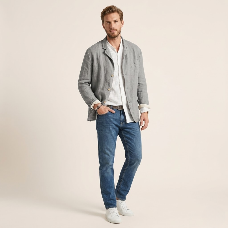 Lightweight unstructured blazer with patch pockets in relaxed fit
