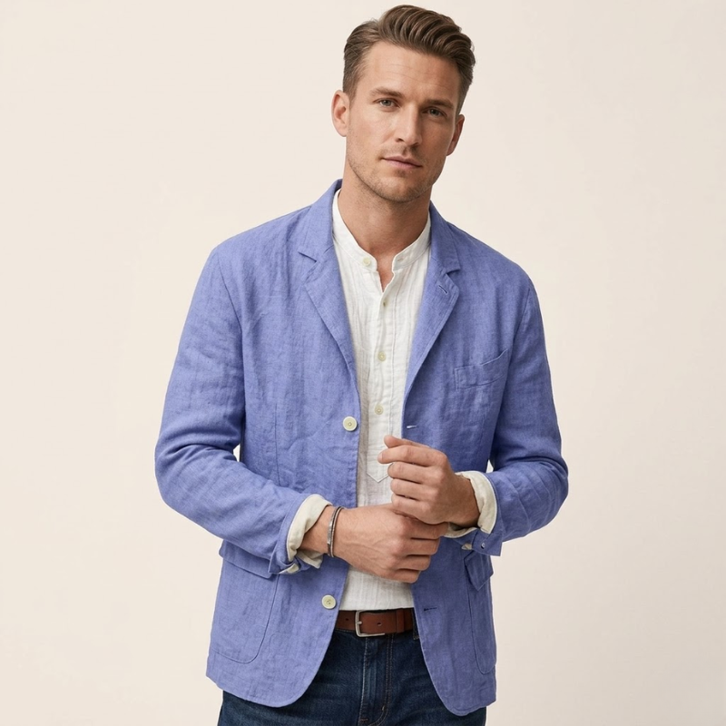 Woven blazer with notched lapel and front patch pockets for men