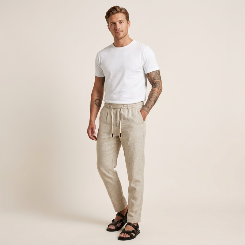 Woven fabric men's trousers with drawstring waist and tapered leg cut