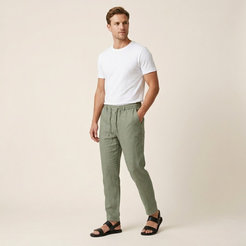 Men's lightweight pull-on trousers with side pockets and ankle length