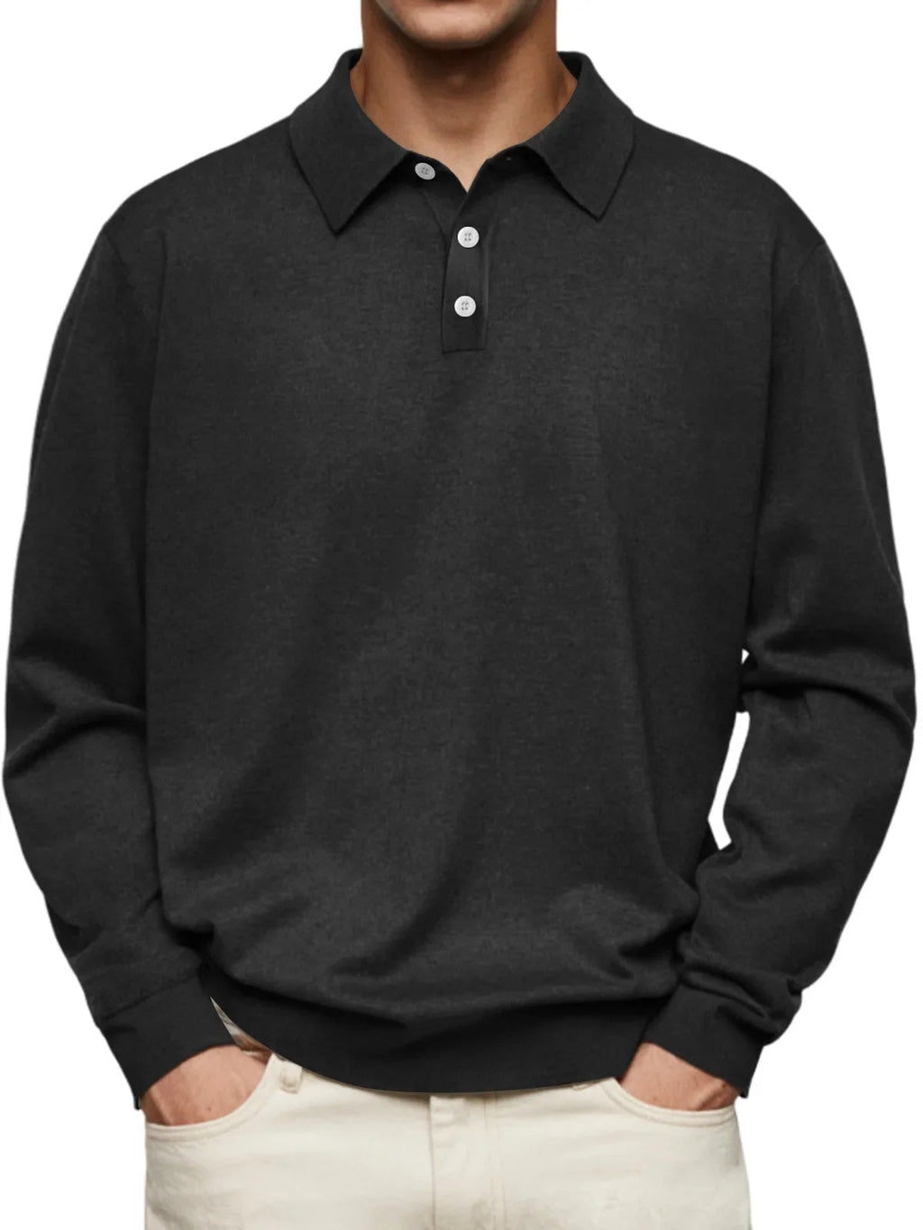 Knit polo shirt long sleeve button placket relaxed fit straight hem menswear