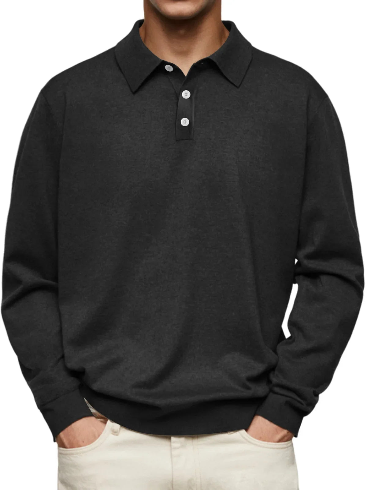 Knit polo shirt long sleeve button placket relaxed fit straight hem menswear