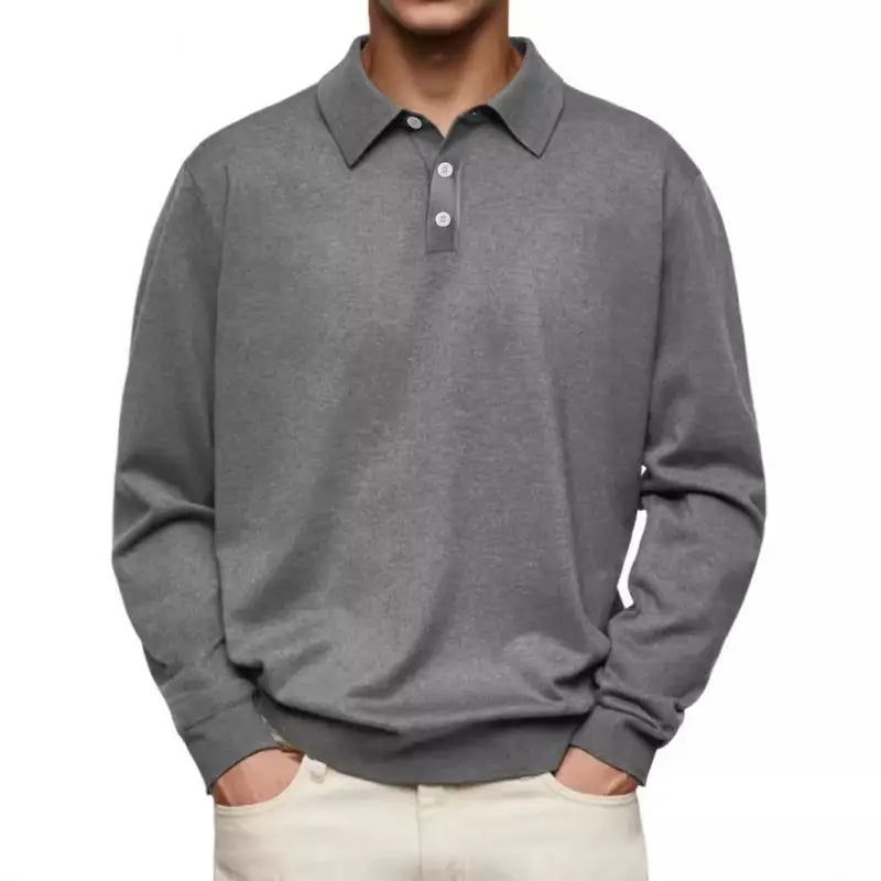 Men's knit polo shirt long sleeves ribbed cuffs button placket relaxed silhouette