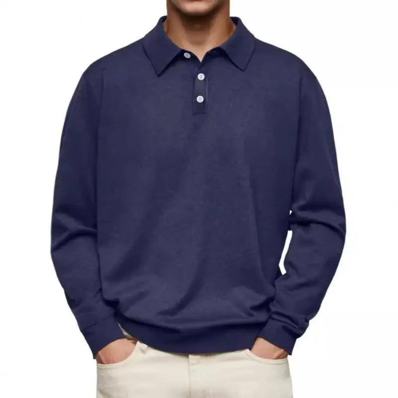 Knit fabric polo shirt with button placket long sleeves straight hem for men