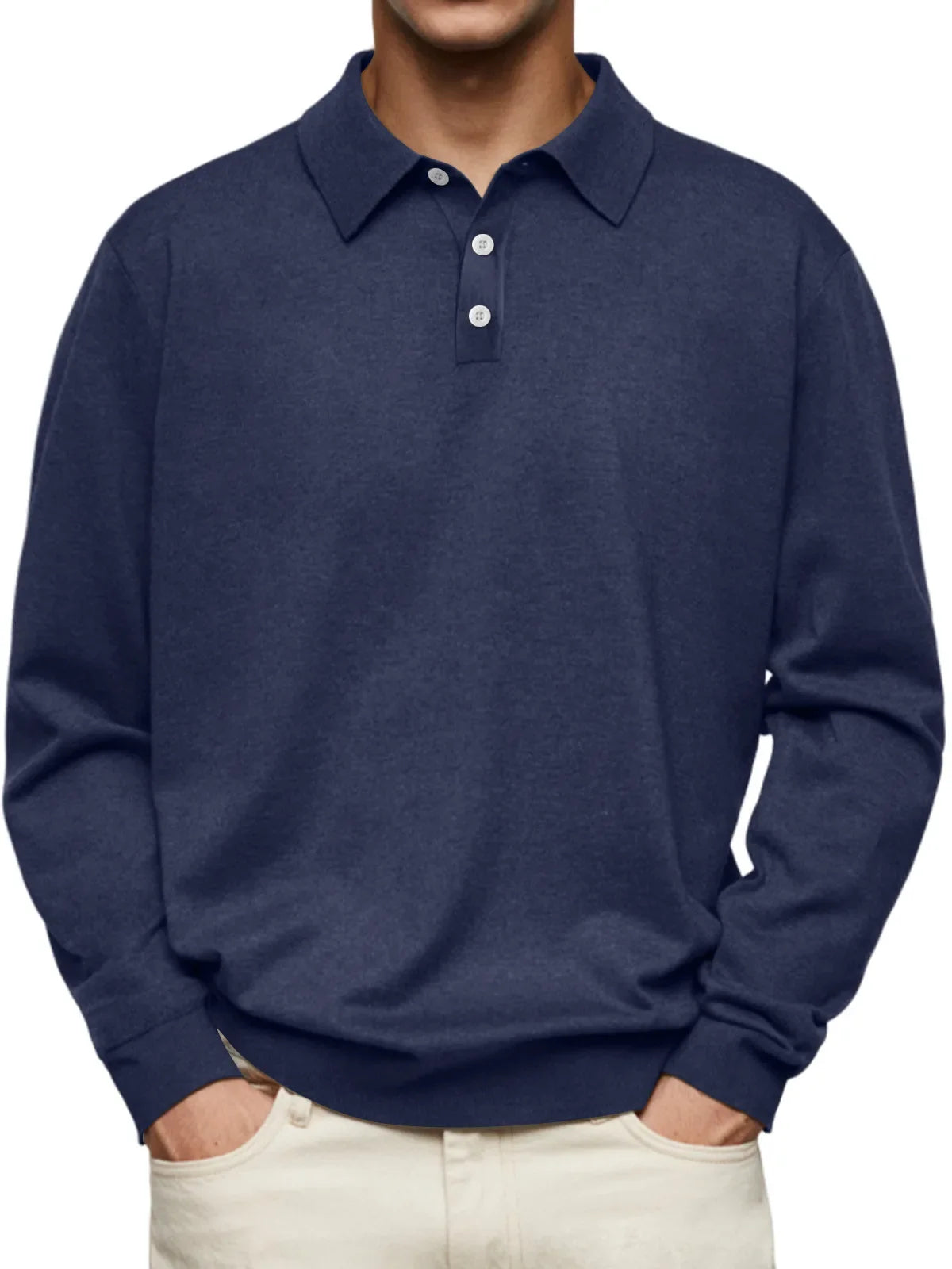 Men's knit polo shirt long sleeves classic collar button placket straight hem
