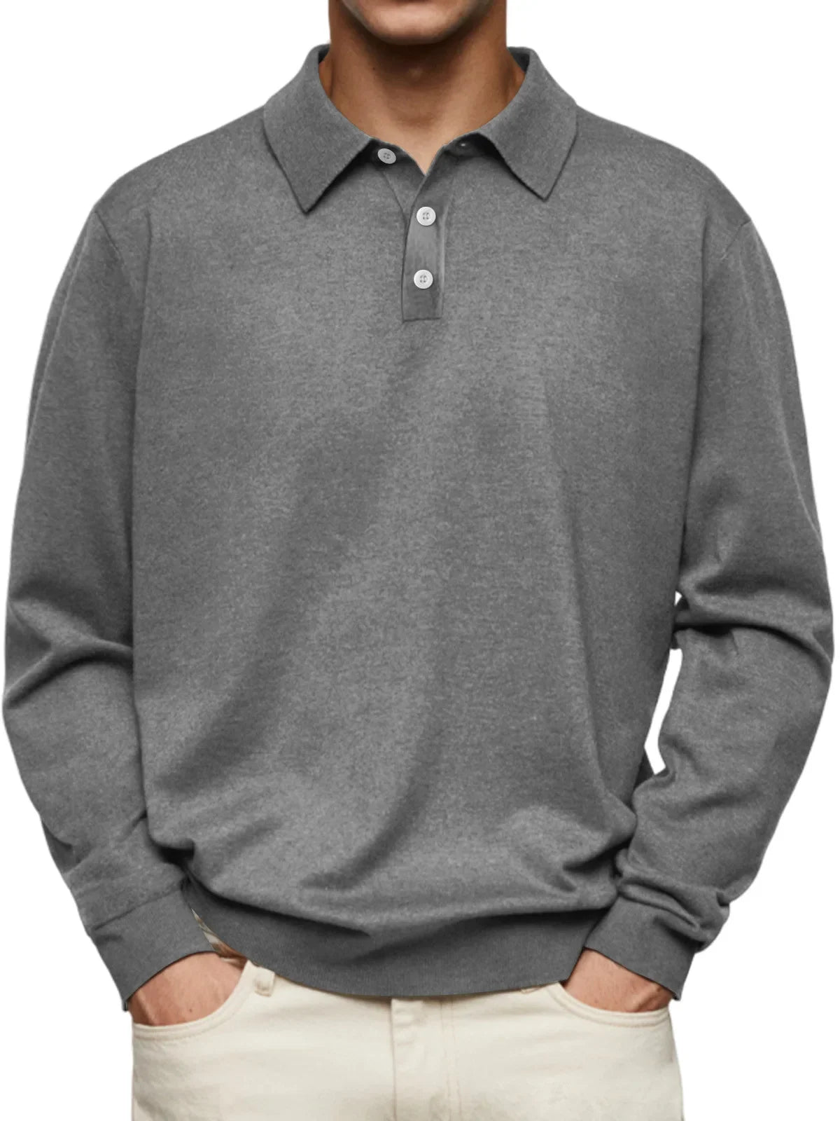 Knit polo shirt long sleeve button placket straight silhouette relaxed fit men